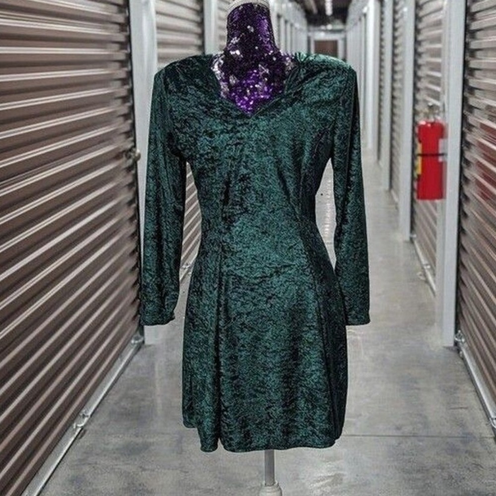Dark Academia Fairycore Goth Green Velvet Long Sleeve Mini Fit & Flare Dress M